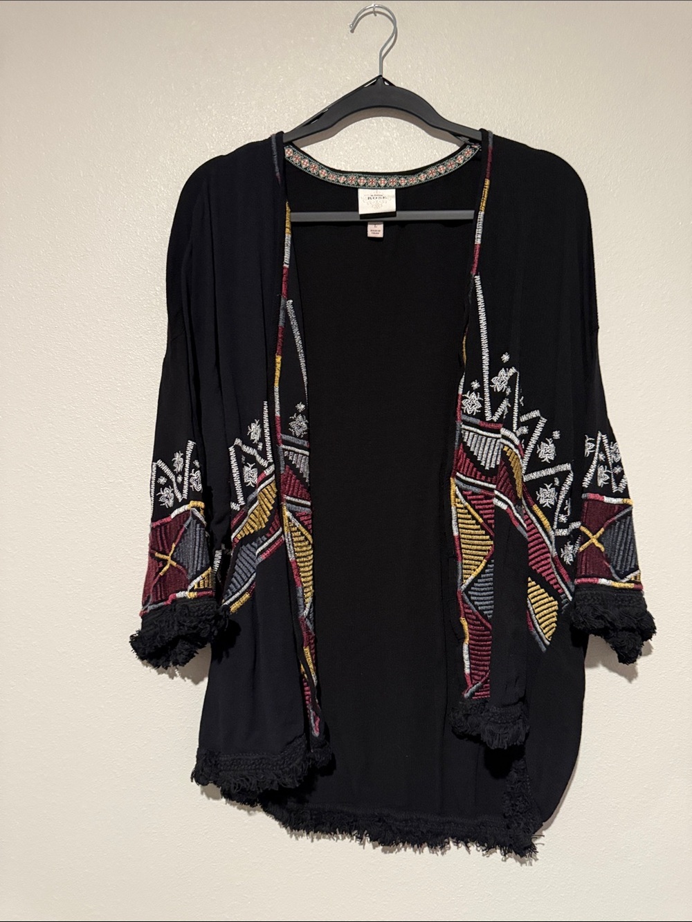 Knox Rose Black Open-Front Embroidered Fringe Cardigan